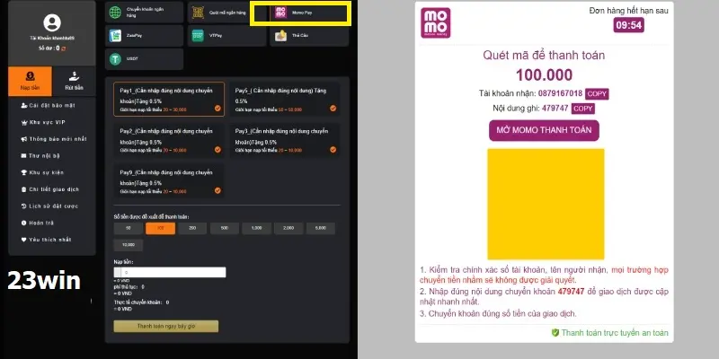 Hình thức nạp tiền 23win bằng ví điện tử 